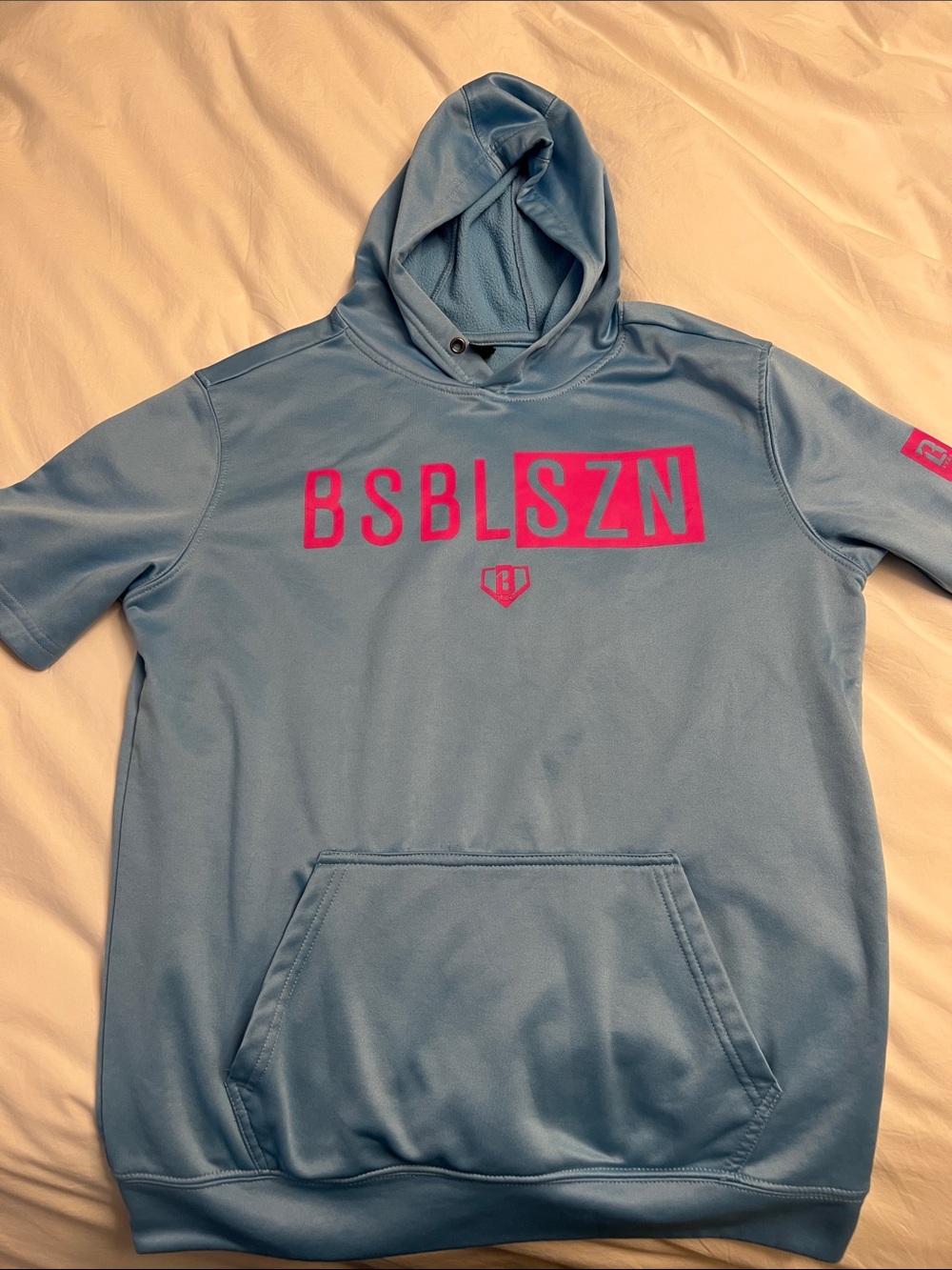 BSBLSZN Men's Sky Blue Short-Sleeve Hoodie with Pink Logo